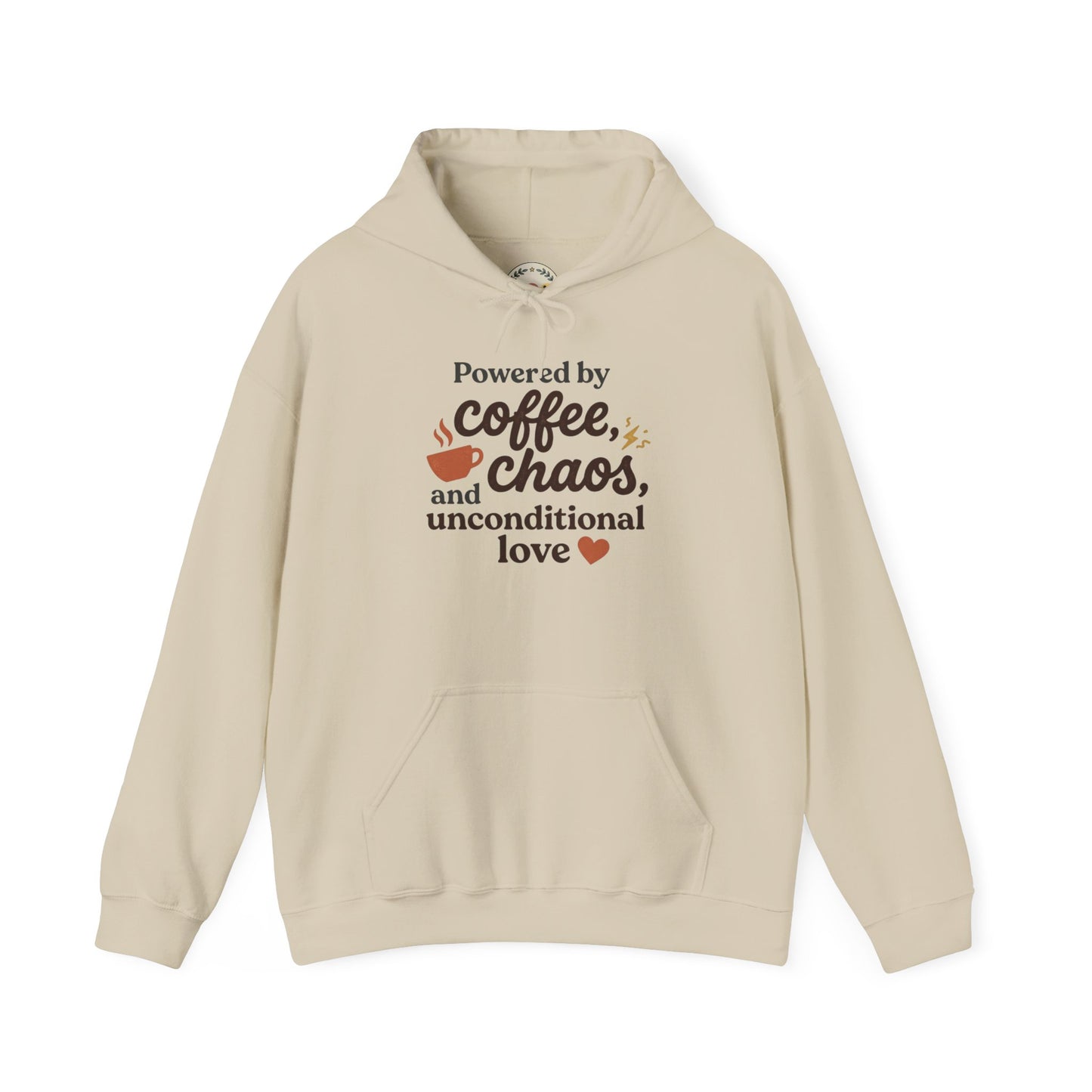 Hoodie — "Powered by Coffee, Chaos, and Unconditional Love" Cozy Graphic Pullover