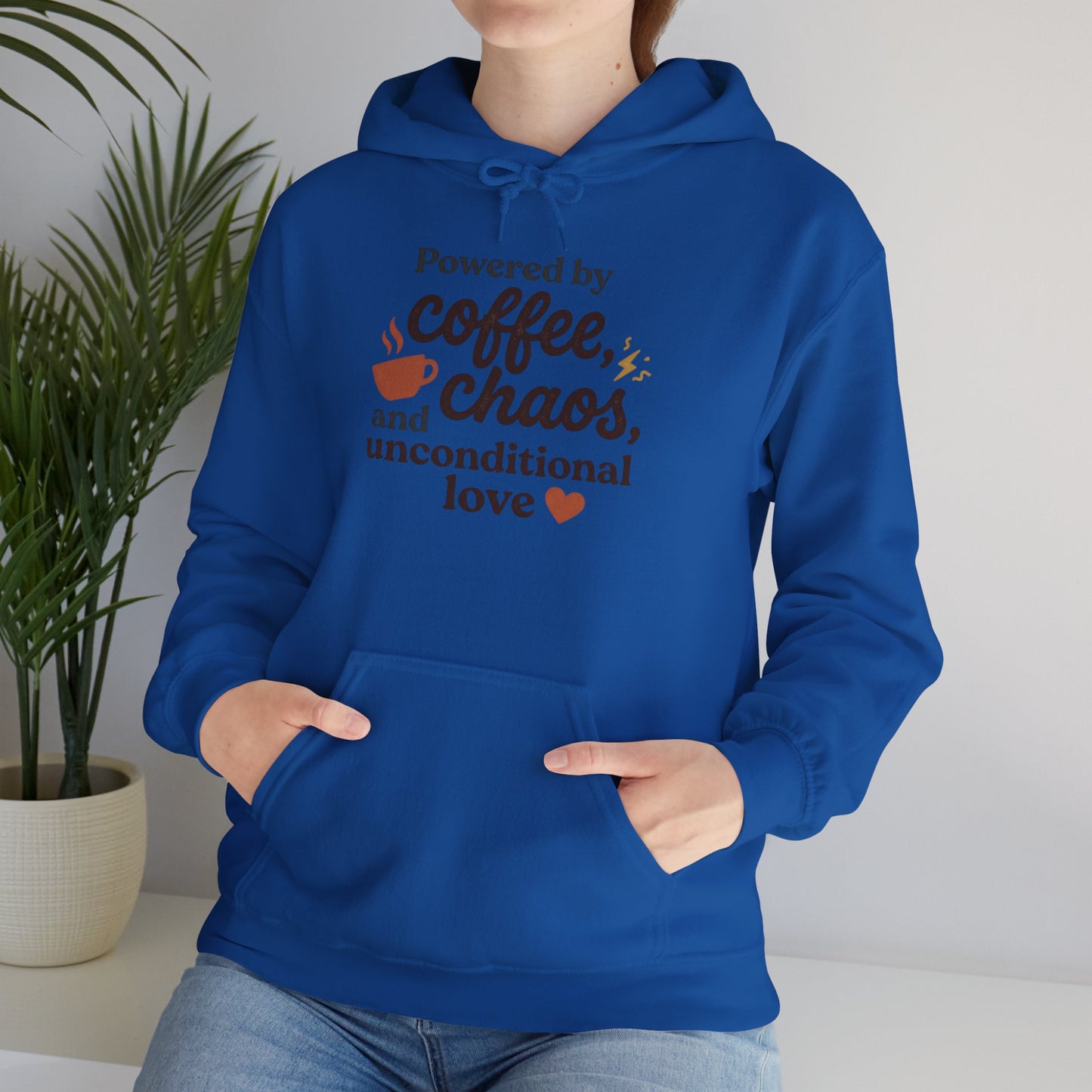 Hoodie — "Powered by Coffee, Chaos, and Unconditional Love" Cozy Graphic Pullover