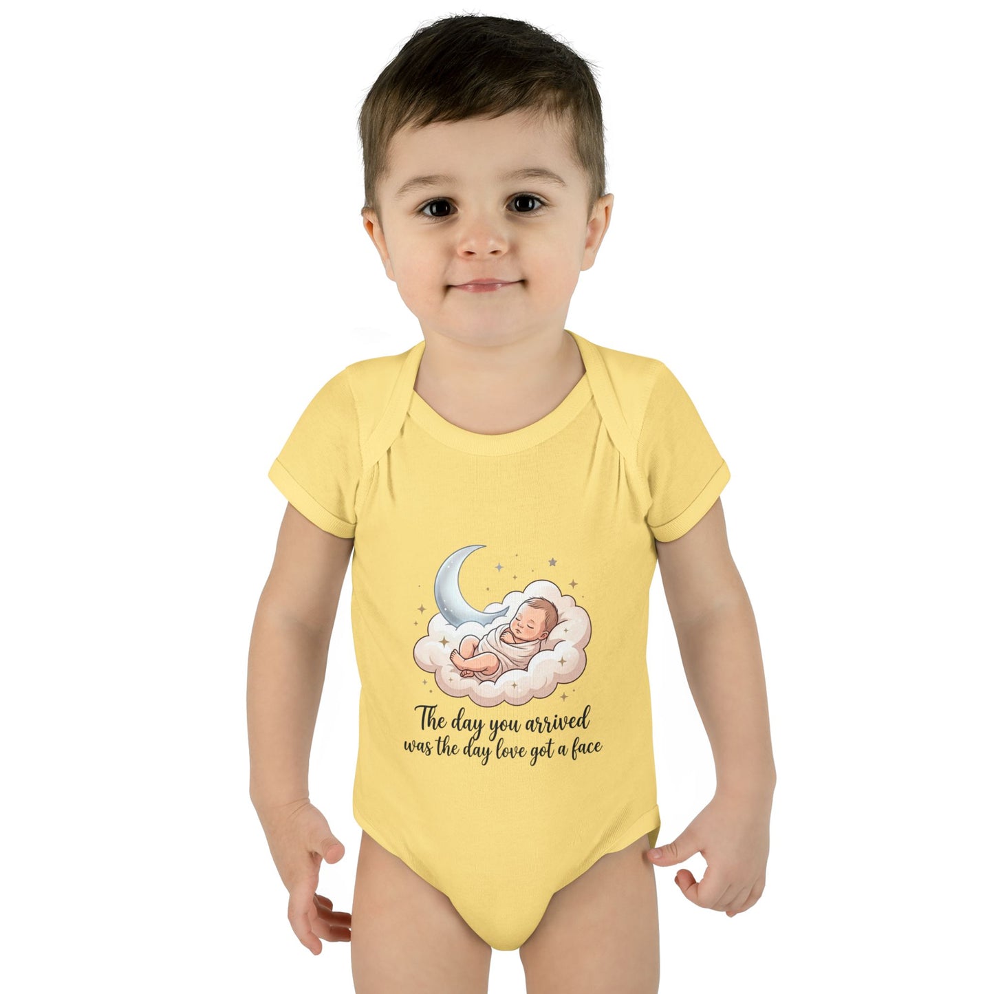 Infant Bodysuit — "The day you arrived was the day love got a face" Cute Sleeping Baby Moon Design