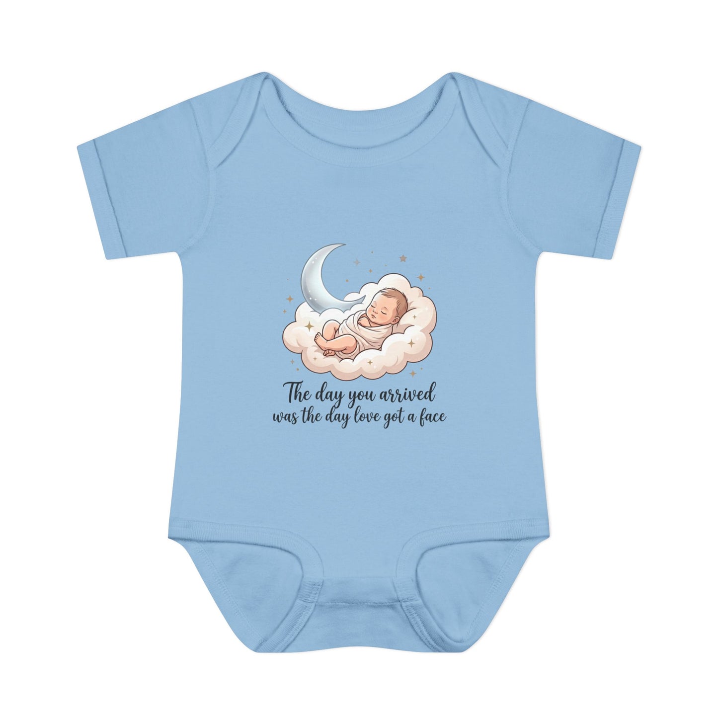 Infant Bodysuit — "The day you arrived was the day love got a face" Cute Sleeping Baby Moon Design