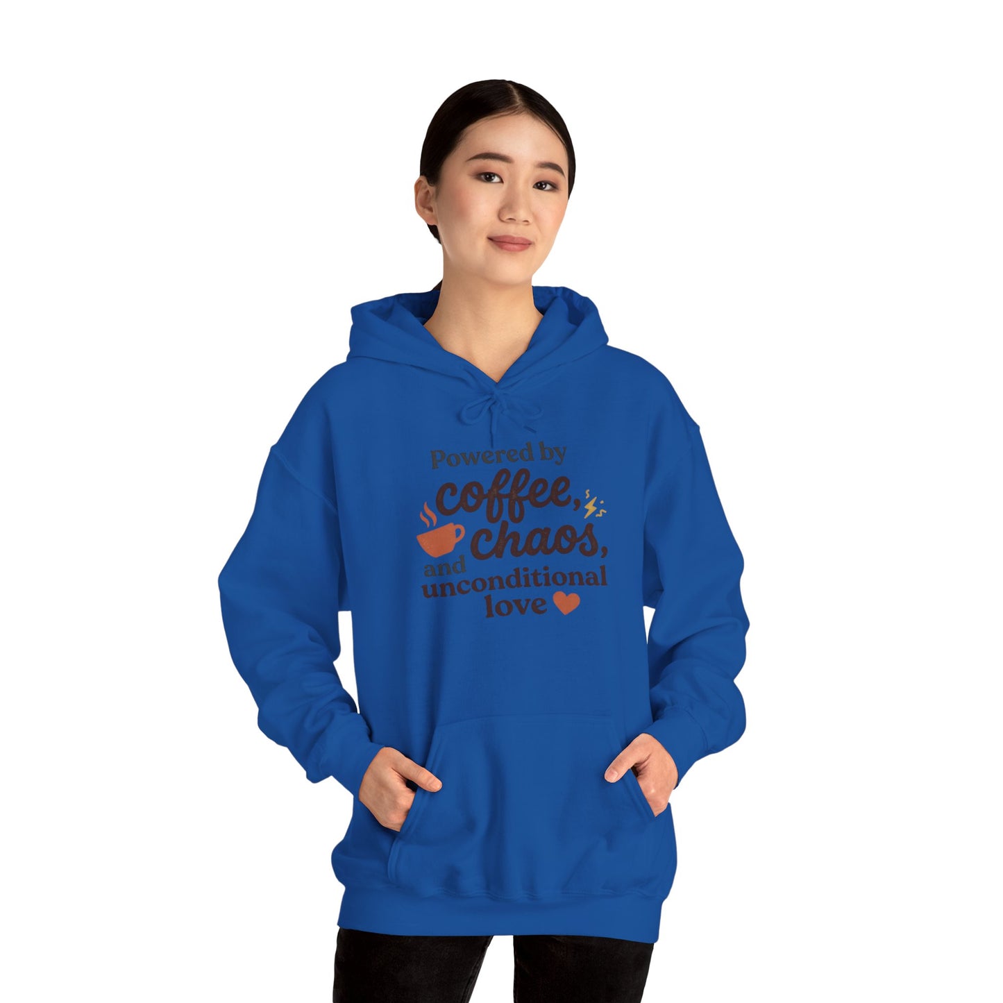 Hoodie — "Powered by Coffee, Chaos, and Unconditional Love" Cozy Graphic Pullover