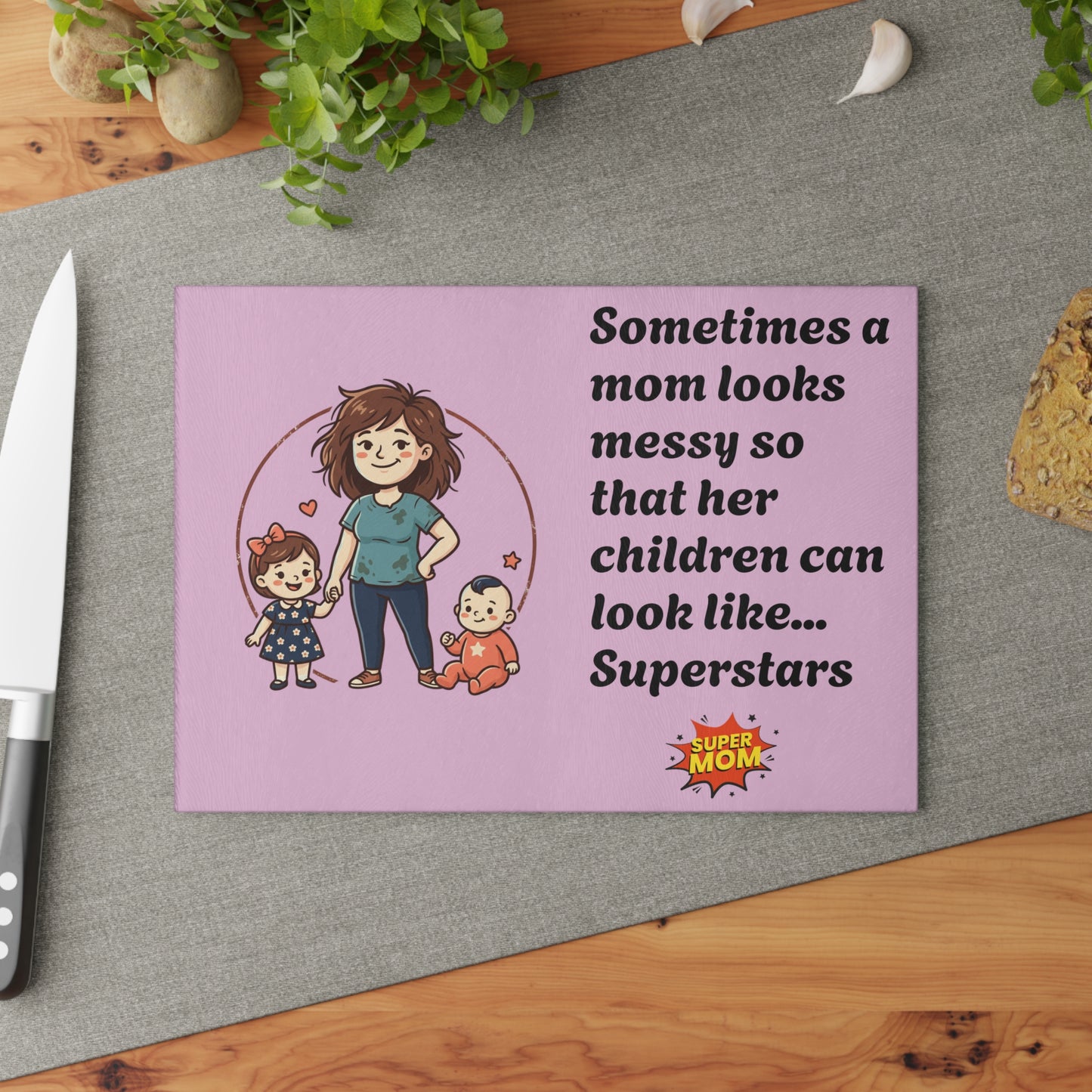SuperMom Glass Cutting Board | Funny Mom Quote Kitchen Decor
