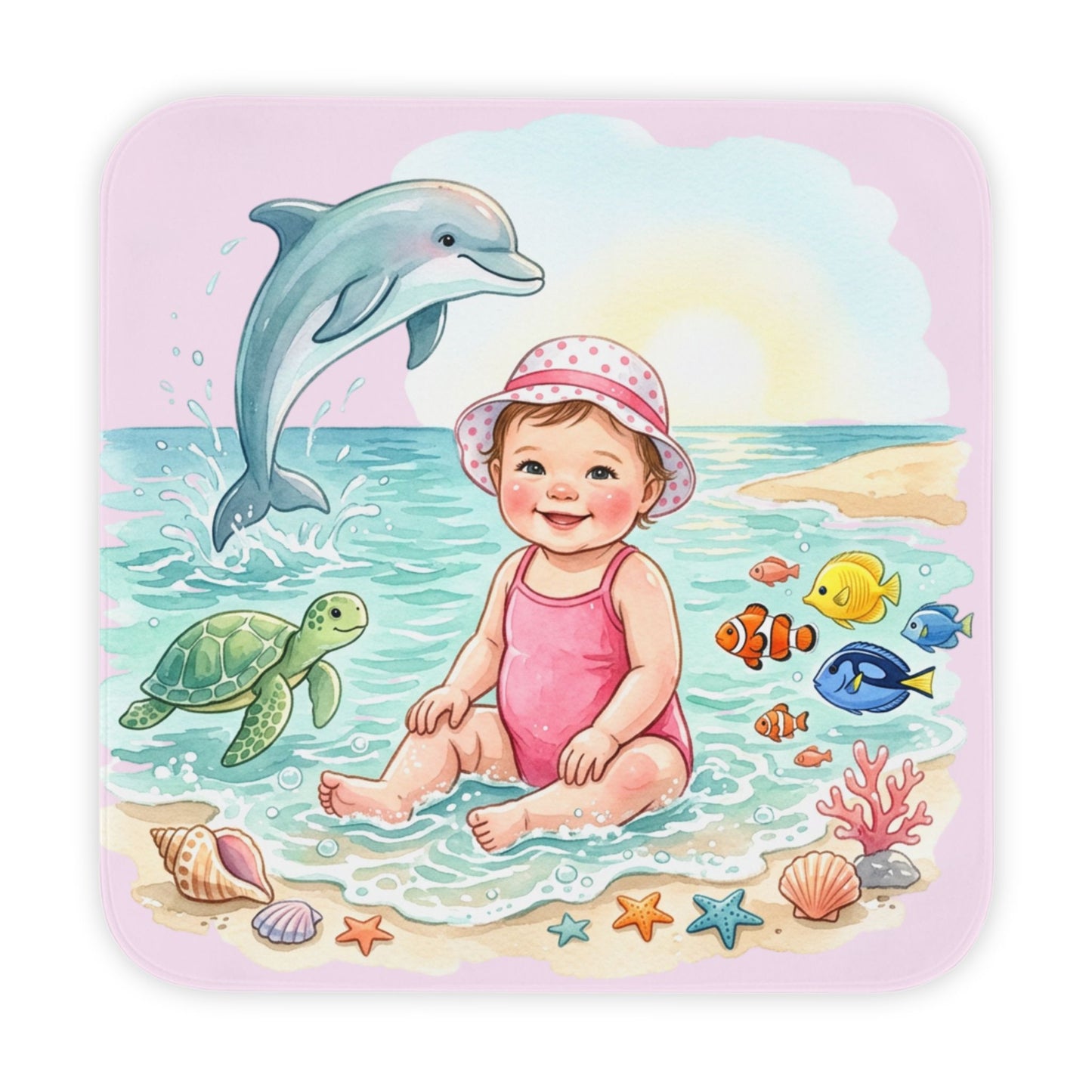 Hooded Baby Towel – Cute Baby at the Beach Dolphin & Sea Life Hooded Toweling