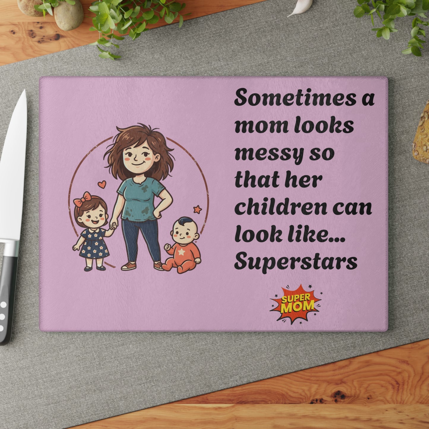 SuperMom Glass Cutting Board | Funny Mom Quote Kitchen Decor
