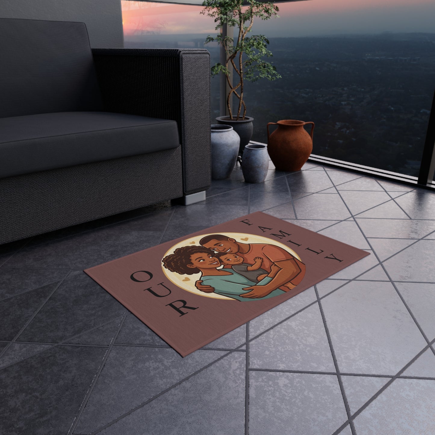 Personalized Family In/Outdoor Rug - 'Our Family' Illustrated Portrait Doormat