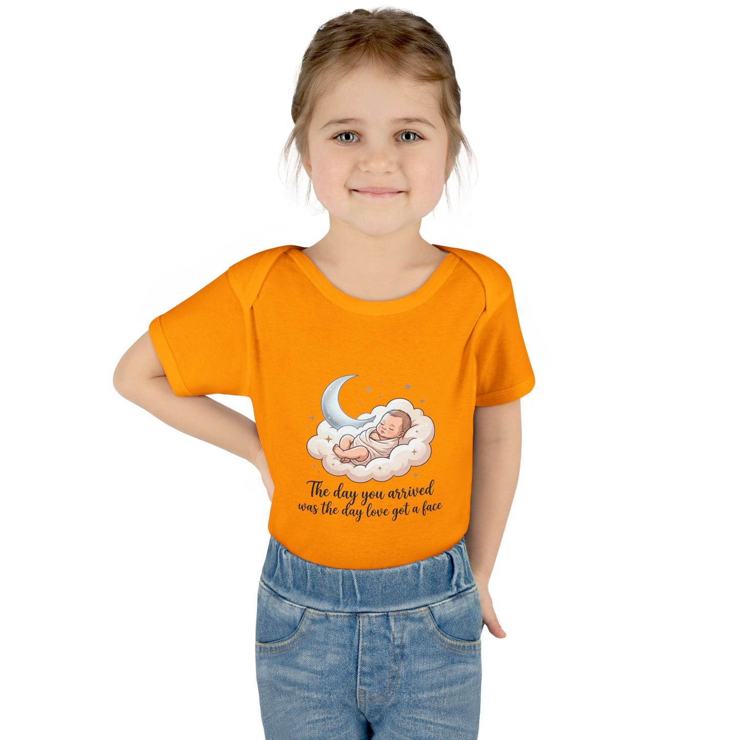 Infant Bodysuit — "The day you arrived was the day love got a face" Cute Sleeping Baby Moon Design