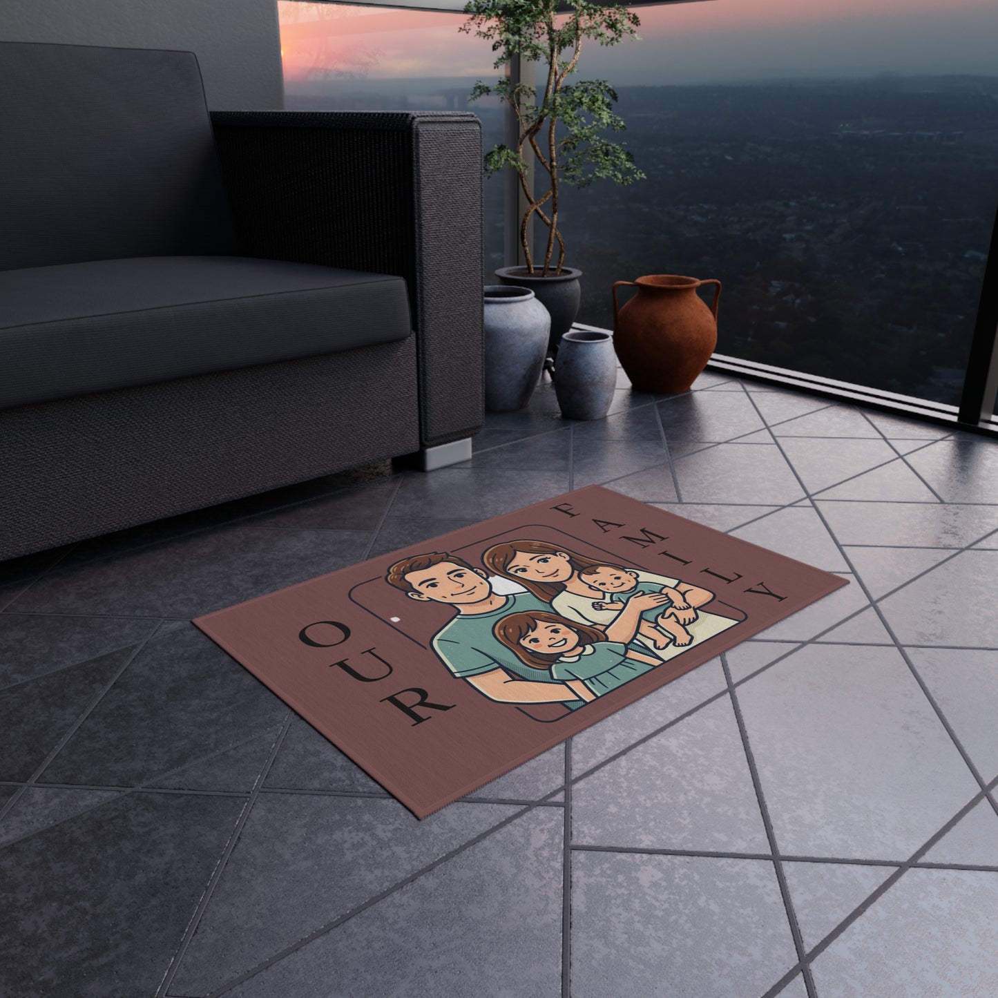 Personalized Family In/Outdoor Rug - 'Our Family' Illustrated Portrait Doormat