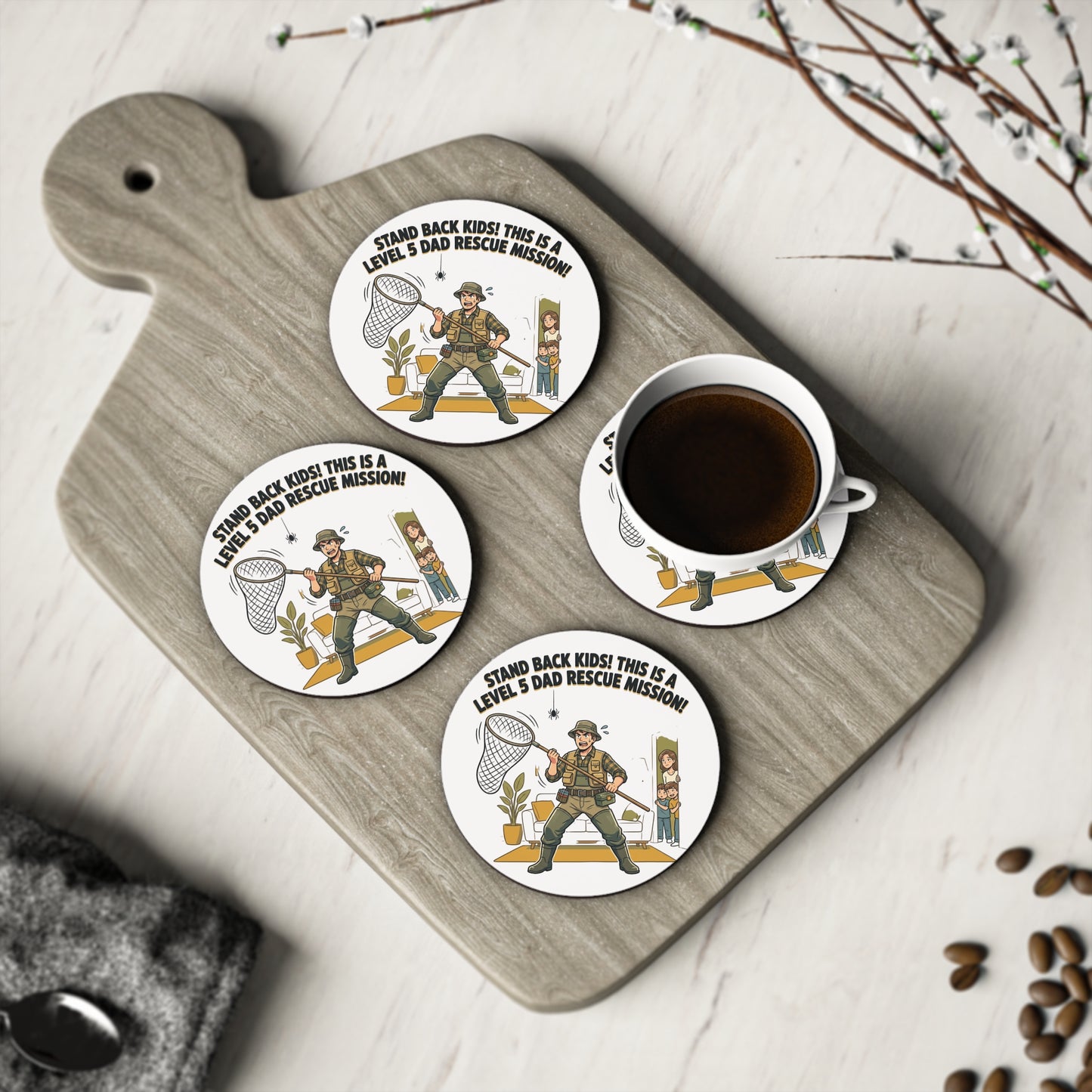 Coaster — "Stand Back Kids! This is a Level 5 Dad Rescue Mission" Funny Dad Cartoon Drink Coaster