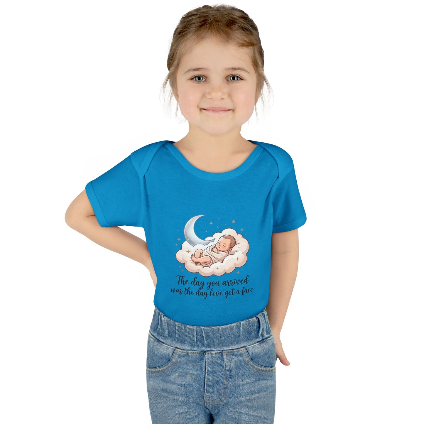 Infant Bodysuit — "The day you arrived was the day love got a face" Cute Sleeping Baby Moon Design