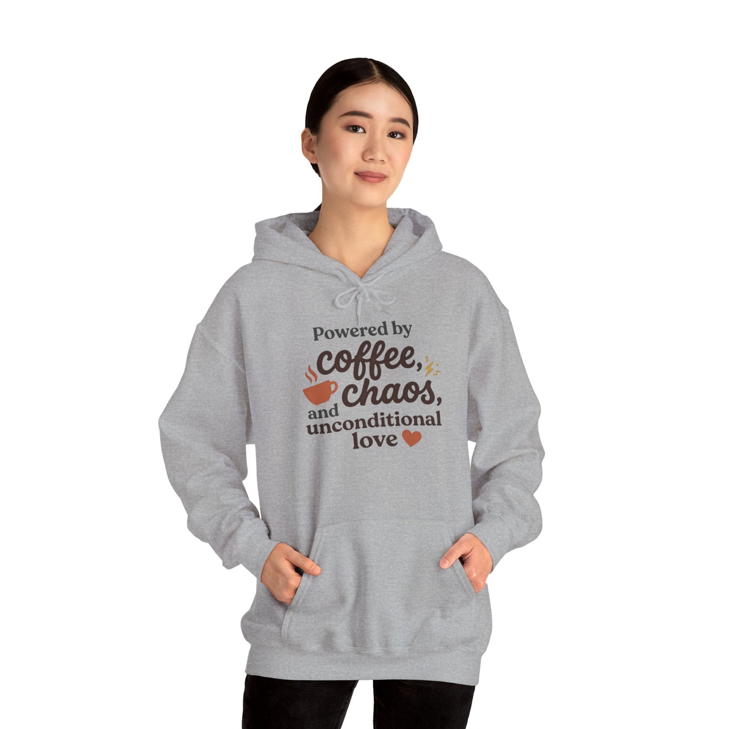 Hoodie — "Powered by Coffee, Chaos, and Unconditional Love" Cozy Graphic Pullover