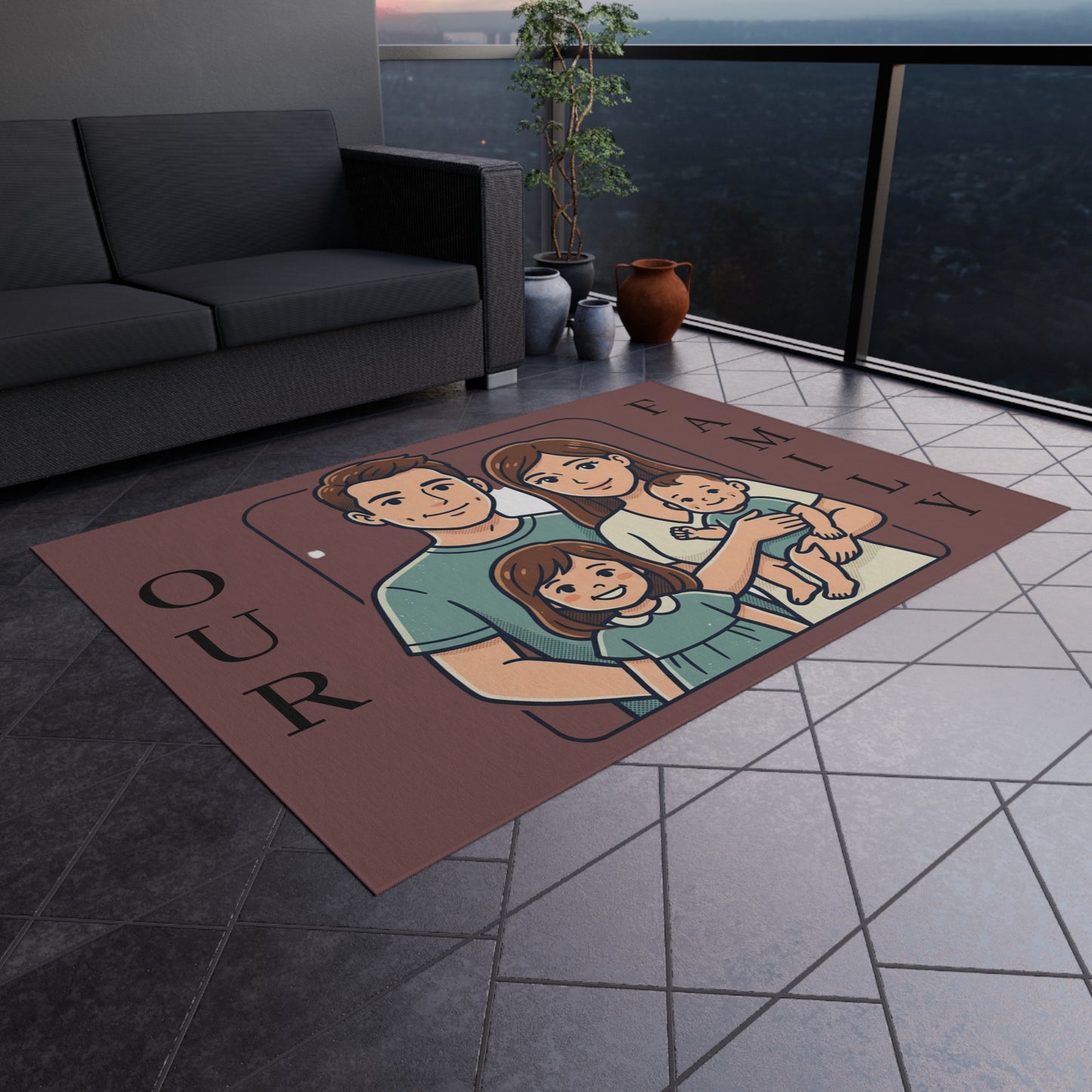 Personalized Family In/Outdoor Rug - 'Our Family' Illustrated Portrait Doormat