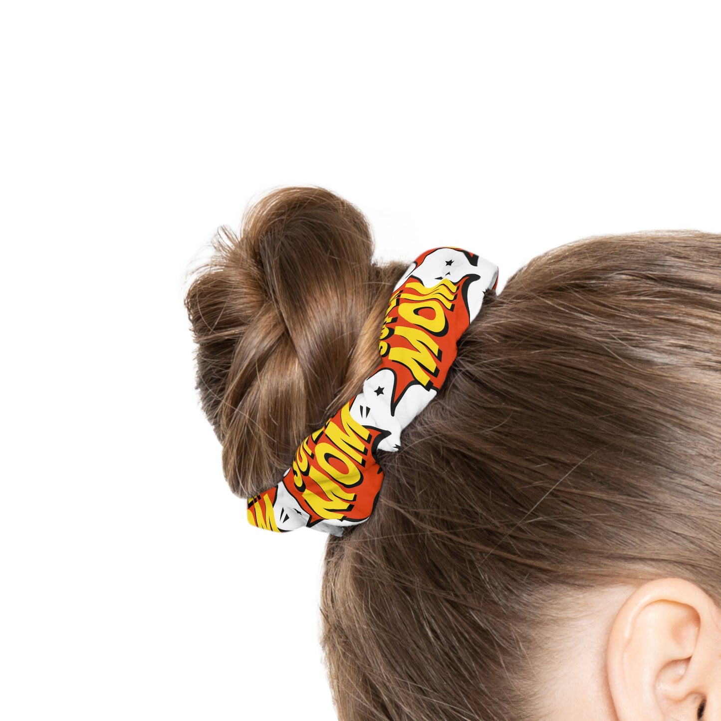Comic Pop 'Super Mom' Scrunchie – Retro Red & Yellow Hair Accessory