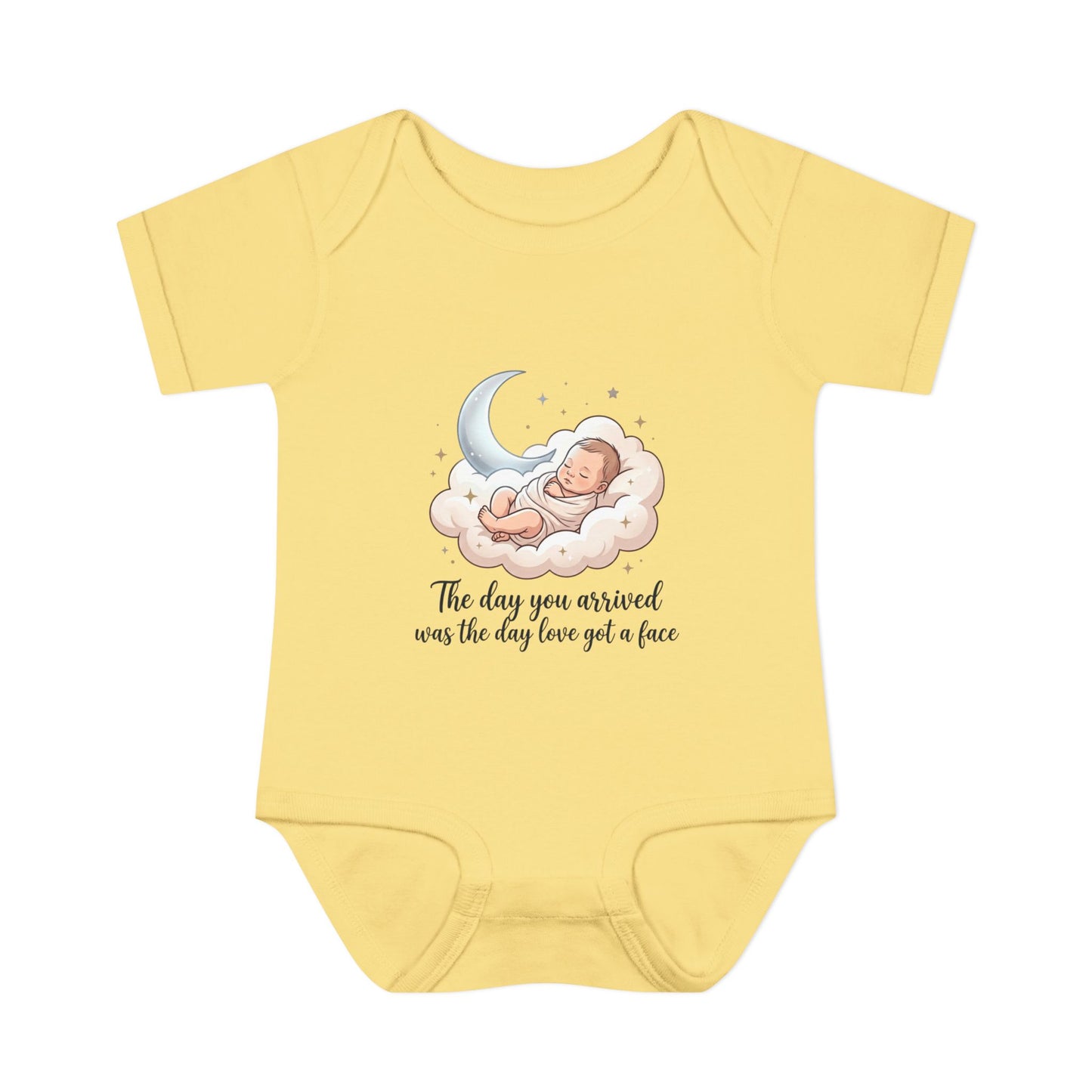 Infant Bodysuit — "The day you arrived was the day love got a face" Cute Sleeping Baby Moon Design