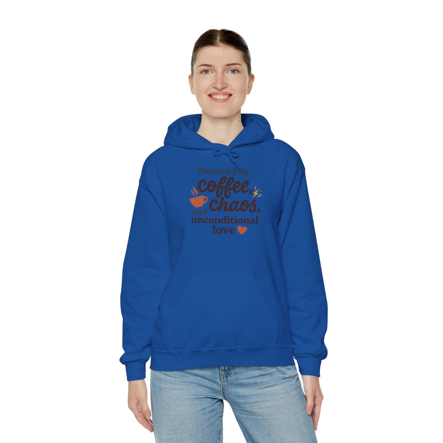 Hoodie — "Powered by Coffee, Chaos, and Unconditional Love" Cozy Graphic Pullover