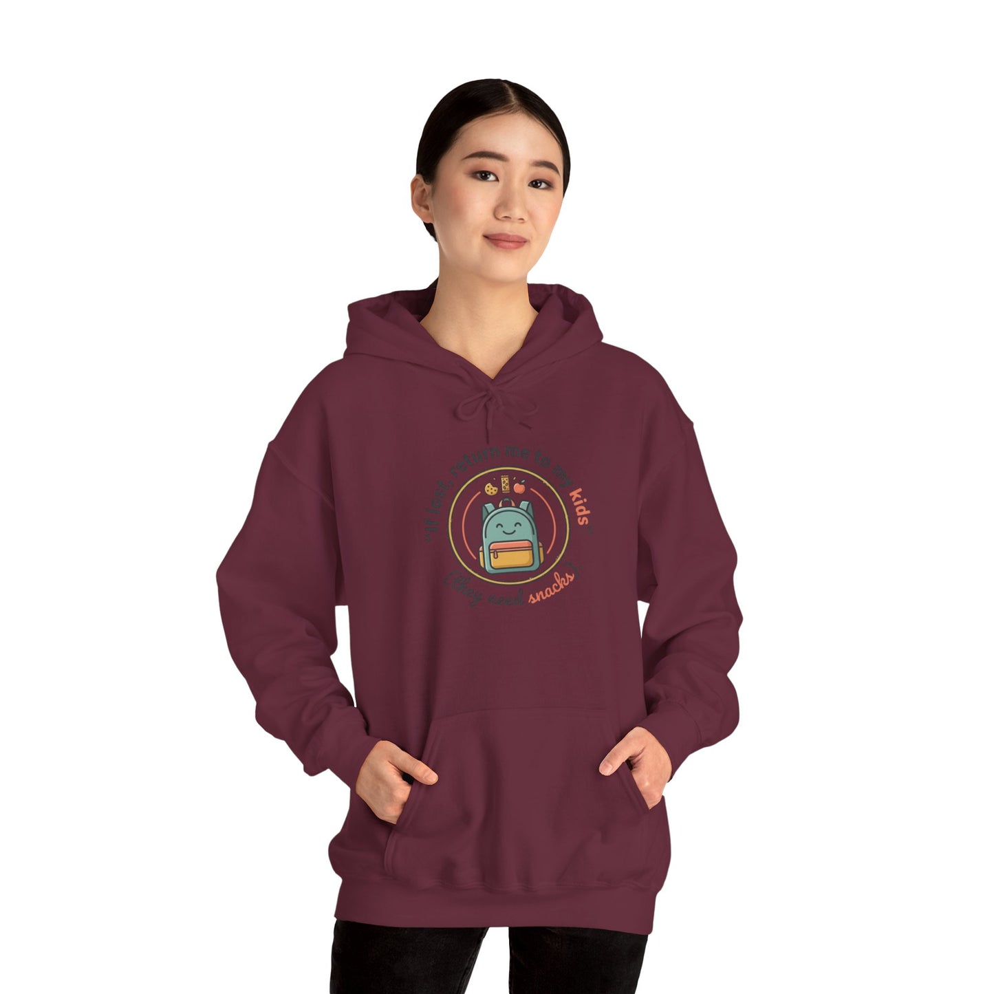 Hoodie — "If Lost, Return Me to My Kids (They need snacks)" Cute Kawaii Backpack Graphic
