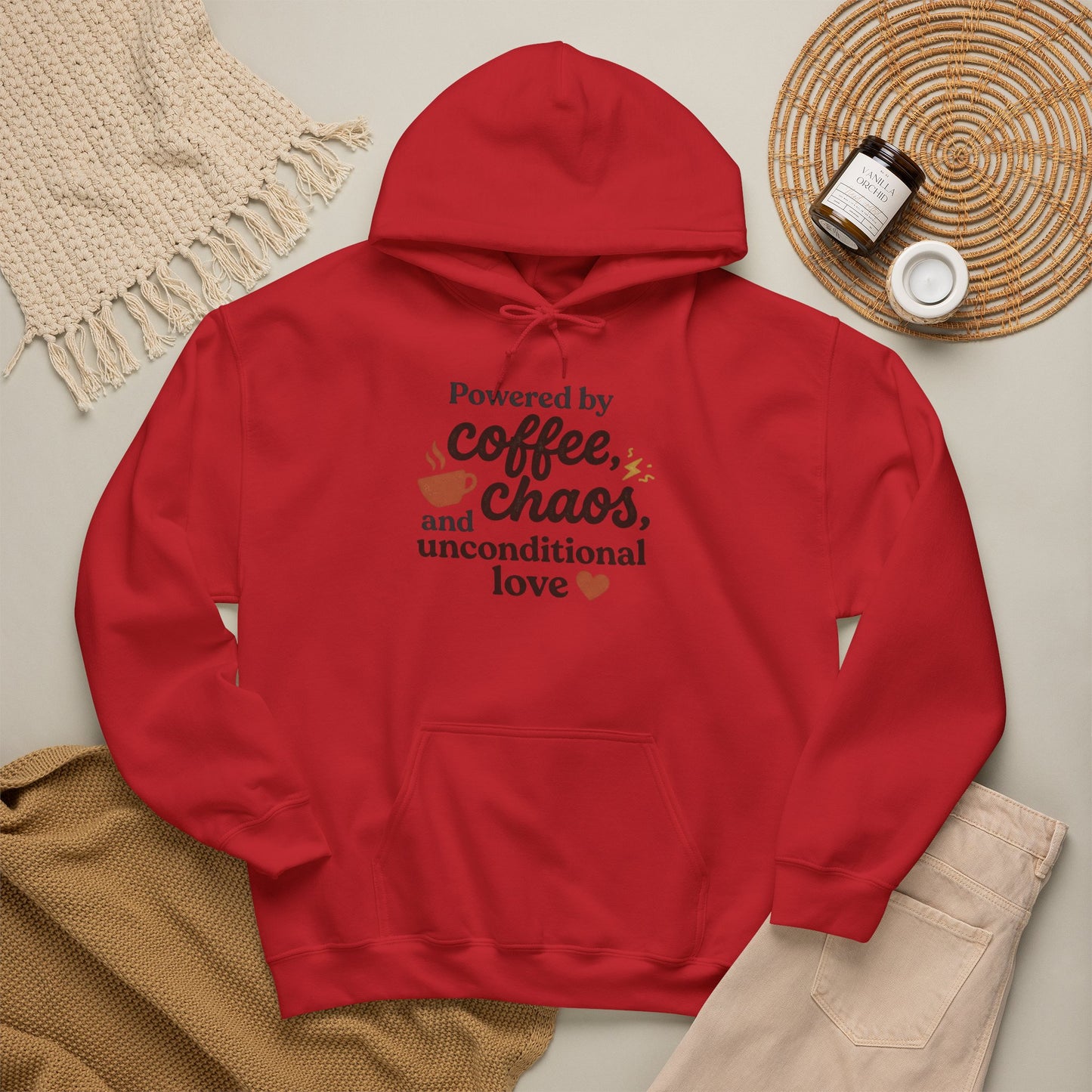 Hoodie — "Powered by Coffee, Chaos, and Unconditional Love" Cozy Graphic Pullover