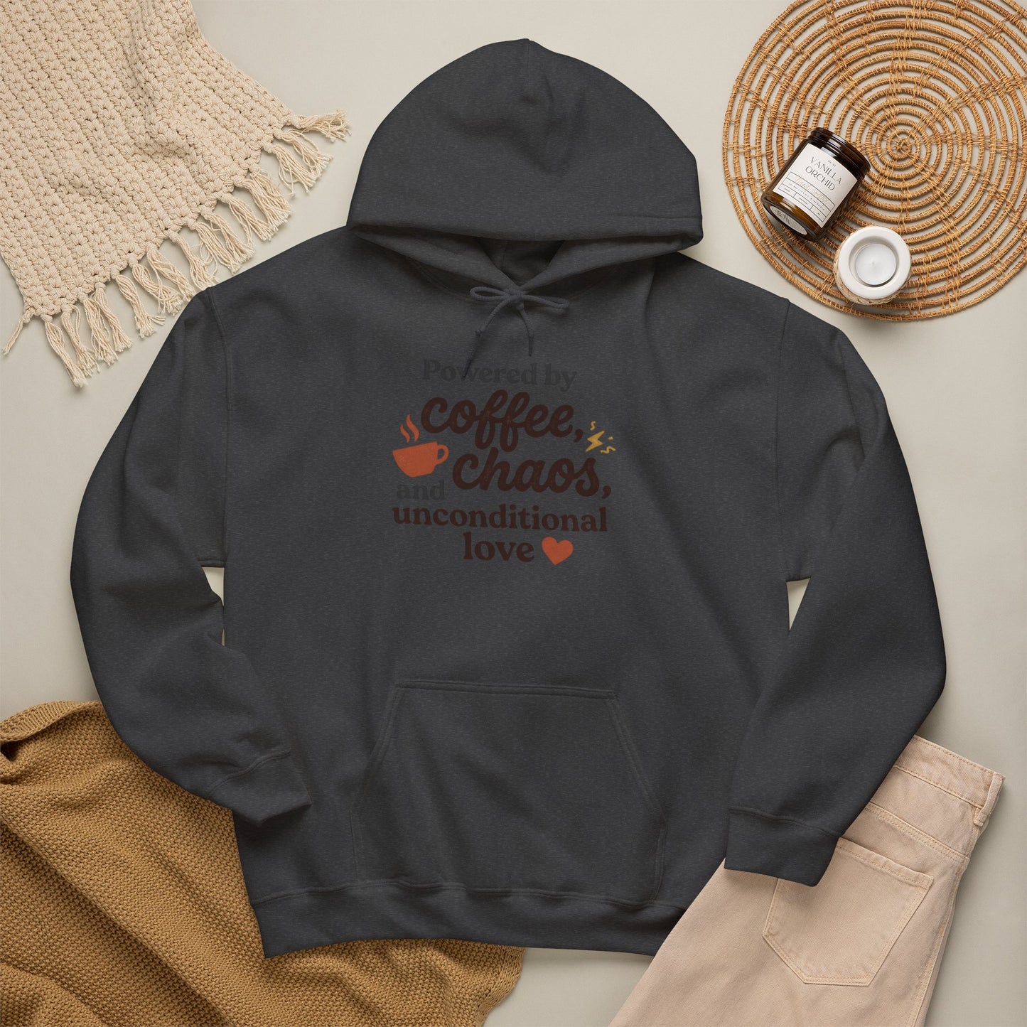 Hoodie — "Powered by Coffee, Chaos, and Unconditional Love" Cozy Graphic Pullover