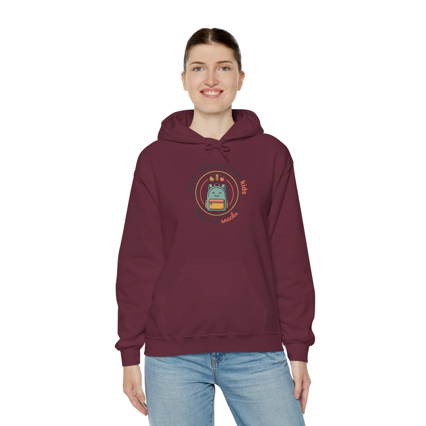 Hoodie — "If Lost, Return Me to My Kids (They need snacks)" Cute Kawaii Backpack Graphic