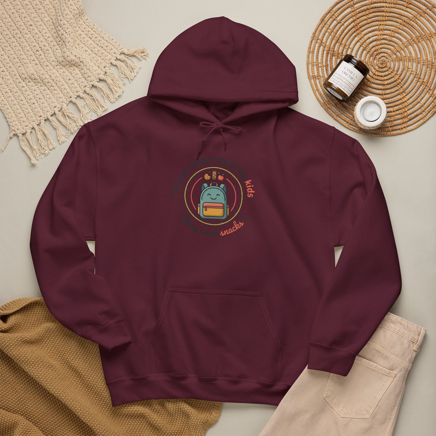 Hoodie — "If Lost, Return Me to My Kids (They need snacks)" Cute Kawaii Backpack Graphic