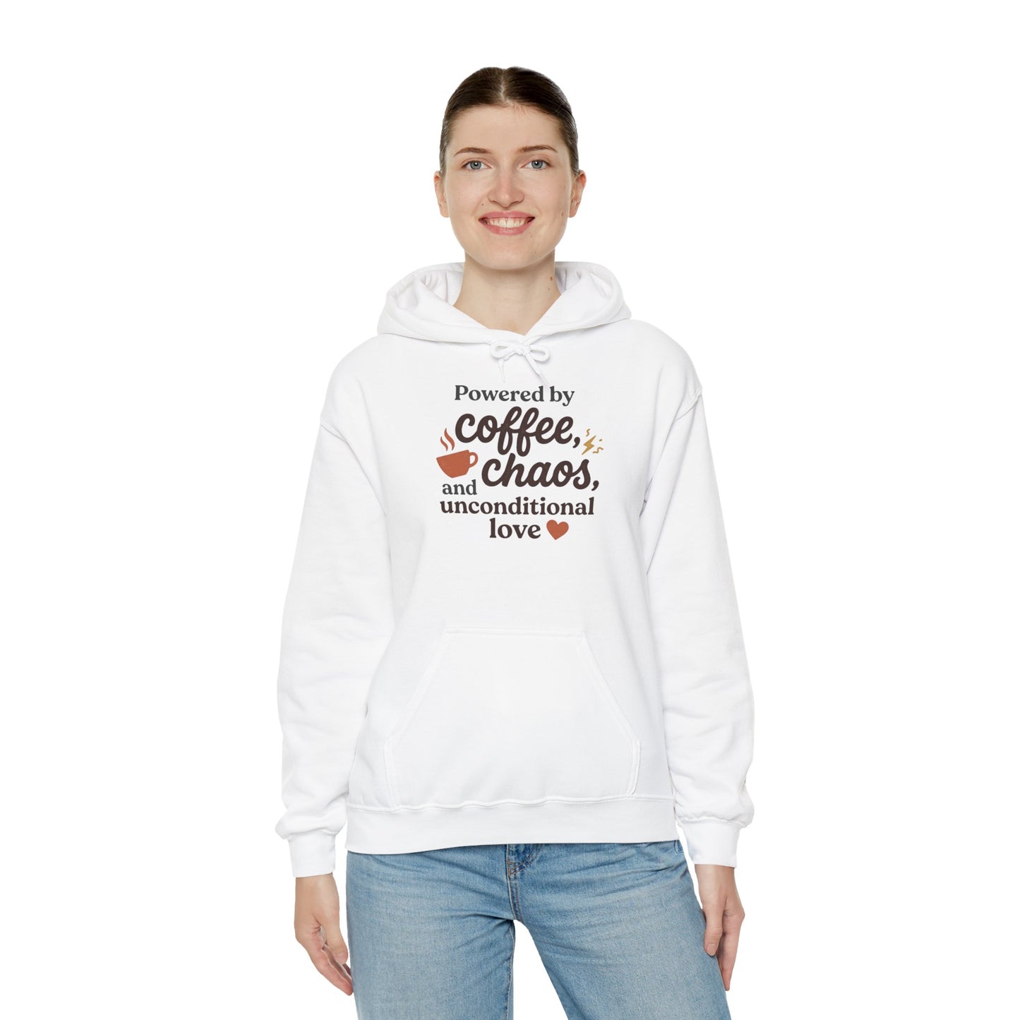 Hoodie — "Powered by Coffee, Chaos, and Unconditional Love" Cozy Graphic Pullover
