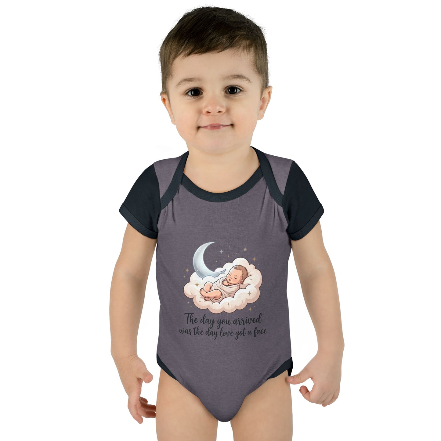 Infant Bodysuit — "The day you arrived was the day love got a face" Cute Sleeping Baby Moon Design